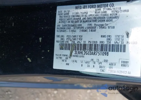 2010 Lincoln Mkz z USA, uszkodzony, nr VIN 3LNHL2GC0AR751098